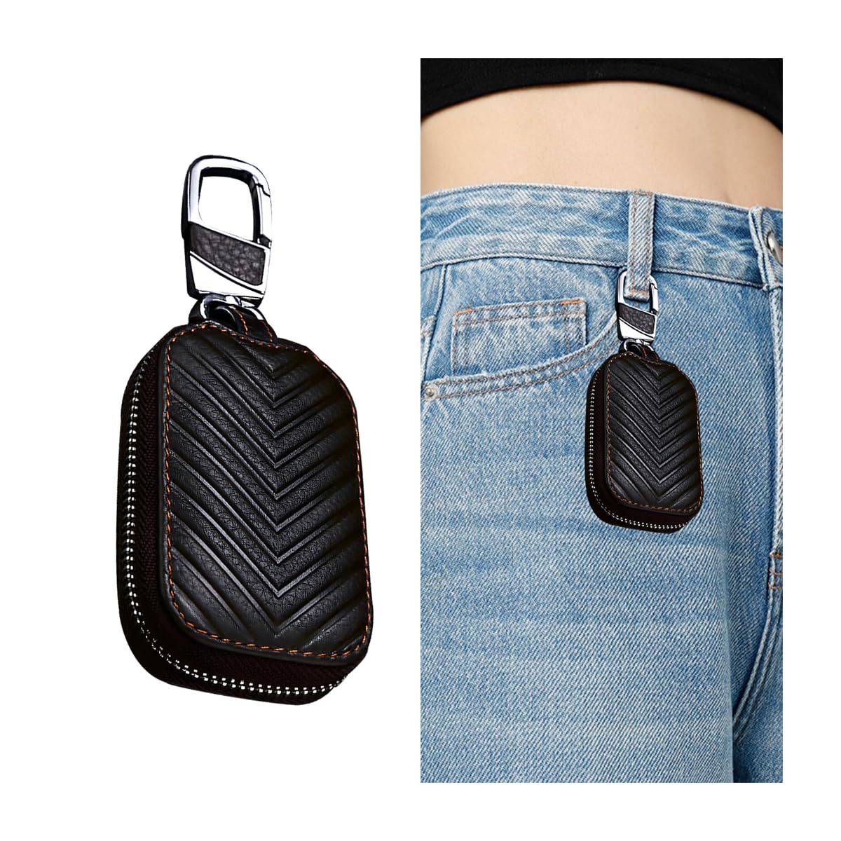 CGEAMDY Autoschlüssel Hülle, Autoschlüsselanhänger-Halter Smart Protector Cover, Leder Autoschlüssel Smart Keychain Halter Mit Reißverschluss Und Metallhaken(Kaffee) von CGEAMDY