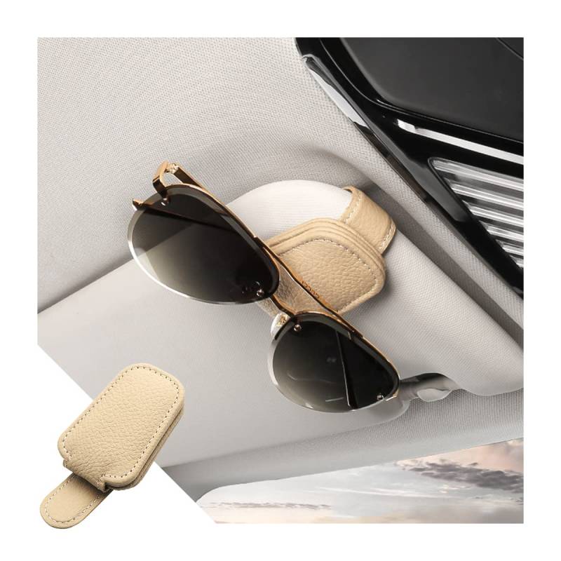 CGEAMDY Brillenhalter für Auto Sonnenblende, Universelles Auto Visier Leder Sonnenbrillen Halter, Magnetische Brillen Halterung, Gläser Aufhänger und Ticket Karten Clip, Auto Zubehör (Beige) von CGEAMDY