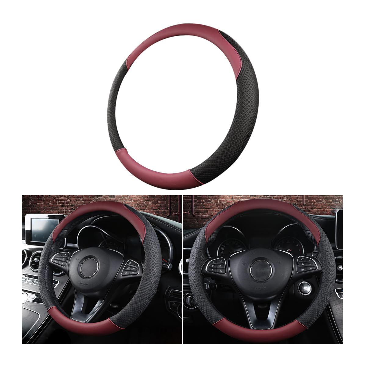 CGEAMDY Lenkradbezug Auto, Mikrofaser-Leder-Lenkradabdeckung, Sport Anti Rutsch Universal Lenkradbezug, Lenkrad Abdeckung Echtes Leder(Burgundy Schwarz) von CGEAMDY