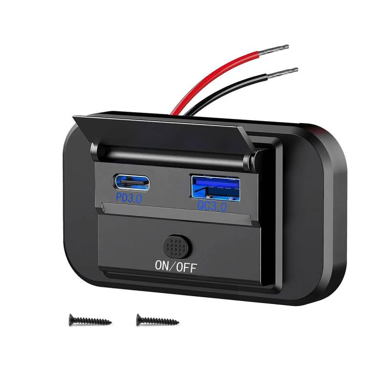 CGEAMDY wasserdichte Autostrom Schnellladeadapter, 12V USB-Steckdose, Dual Quick Charge PD3.0 Typ-C Und QC3.0 USB-Anschluss Mit Schalter, Für Marine Boot Motorrad von CGEAMDY