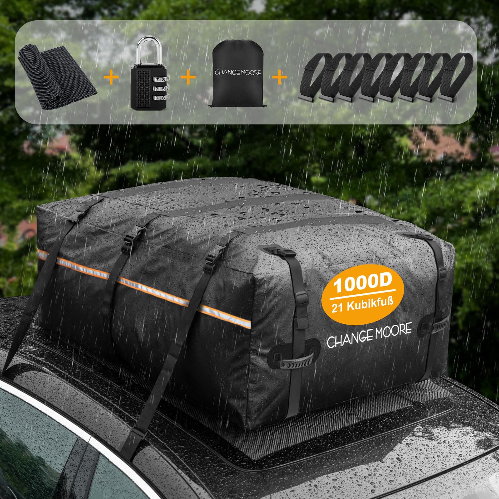 CHANGEMOORE 1000D Reißfeste Auto Dachbox Taschen, 594L Wasserdicht Dachtasche Auto mit/ohne Reling, Faltbare Dachkoffer mit Anti-Rutsch-Matte, 8 Türhaken, Tragbar Dachboxen für Autos, Vans, SUVs von CHANGEMOORE