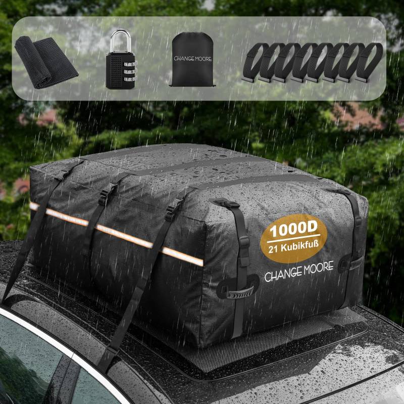 CHANGEMOORE 1000D Reißfeste Auto Dachbox Taschen, 594L Wasserdicht Dachtasche Auto mit/ohne Reling, Faltbare Dachkoffer mit Anti-Rutsch-Matte, 8 Türhaken, Tragbar Dachboxen für Autos, Vans, SUVs von CHANGEMOORE