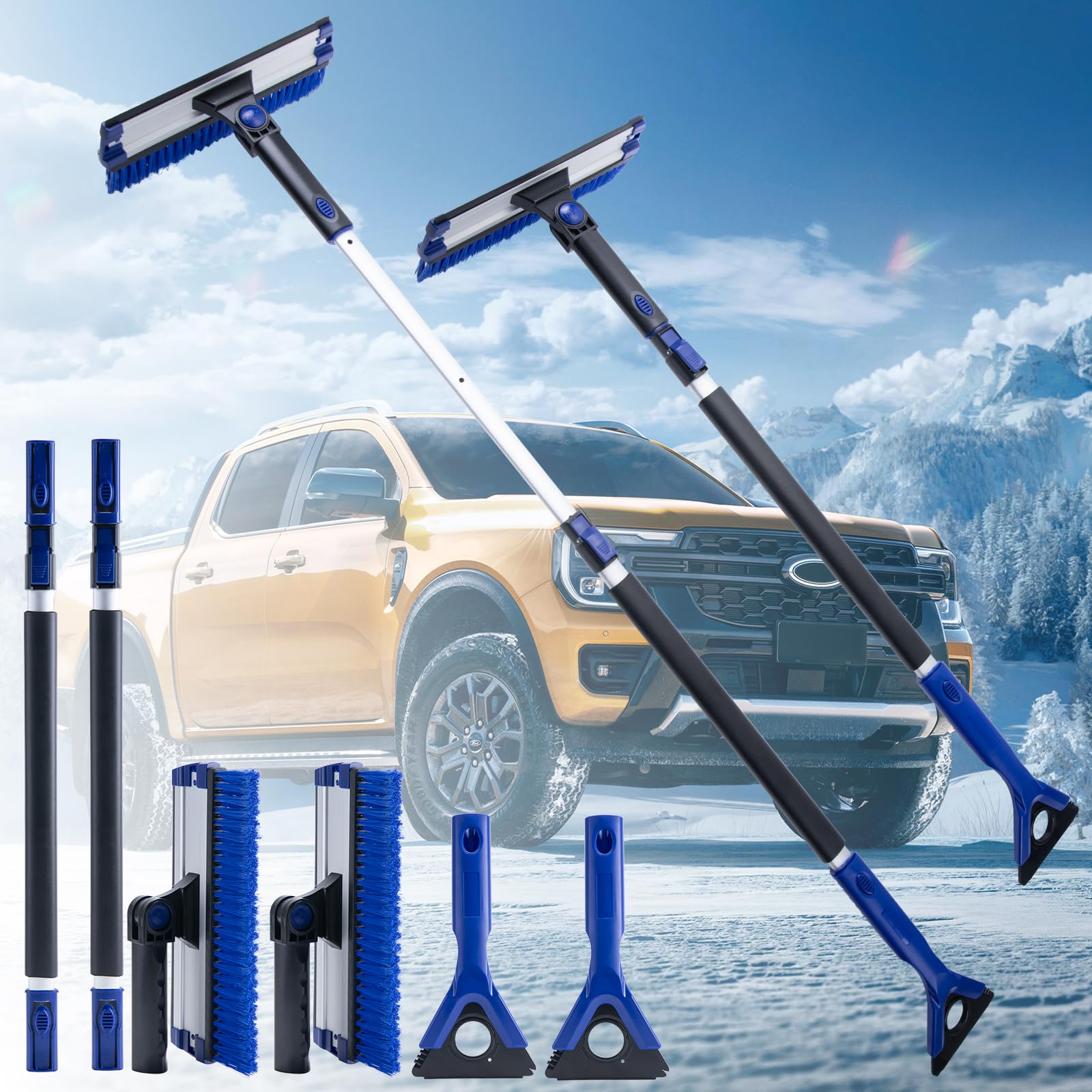 CHANGEMOORE 2Packs Teleskop Schneebesen Auto Langer stiel 124cm, 3-in-1 Eiskratzer Auto mit Besen, 180° drehbarer schneebesen Auto lackschonend mit Ergonomischem Schaumstoffgriff für Auto LKW SUV von CHANGEMOORE