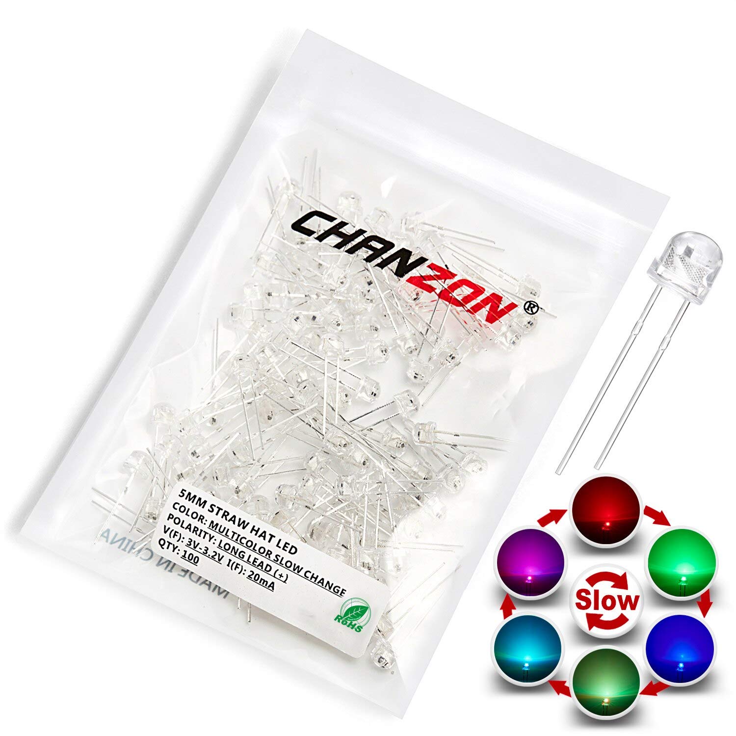 Chanzon 100 Stück 5mm RGB Multicolor Schnelles Blinken (Mehrfarbenwechsel) Strohhut LED Diodenlichter (klare transparente Linse) Helle Glühbirnen Lampen Elektronikkomponenten Leuchtdioden von CHANZON