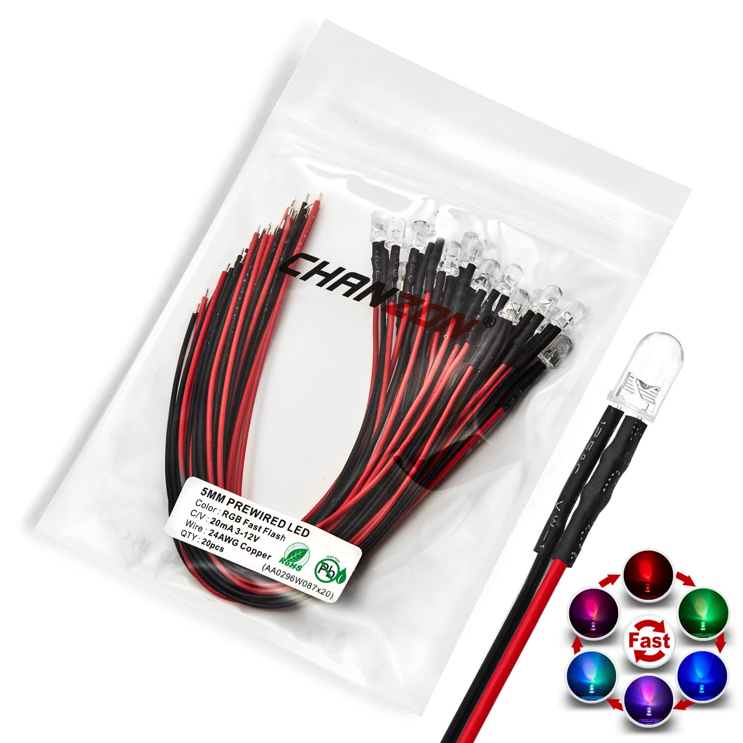 [UL-Kabel] Chanzon 20 Stück vorverdrahtete 5mm RGB schnell blinkende LED-Diodenlichter (klare runde transparente Linse DC 12V) mit 560 Ohm 1/4W Widerstand und 24awg von CHANZON