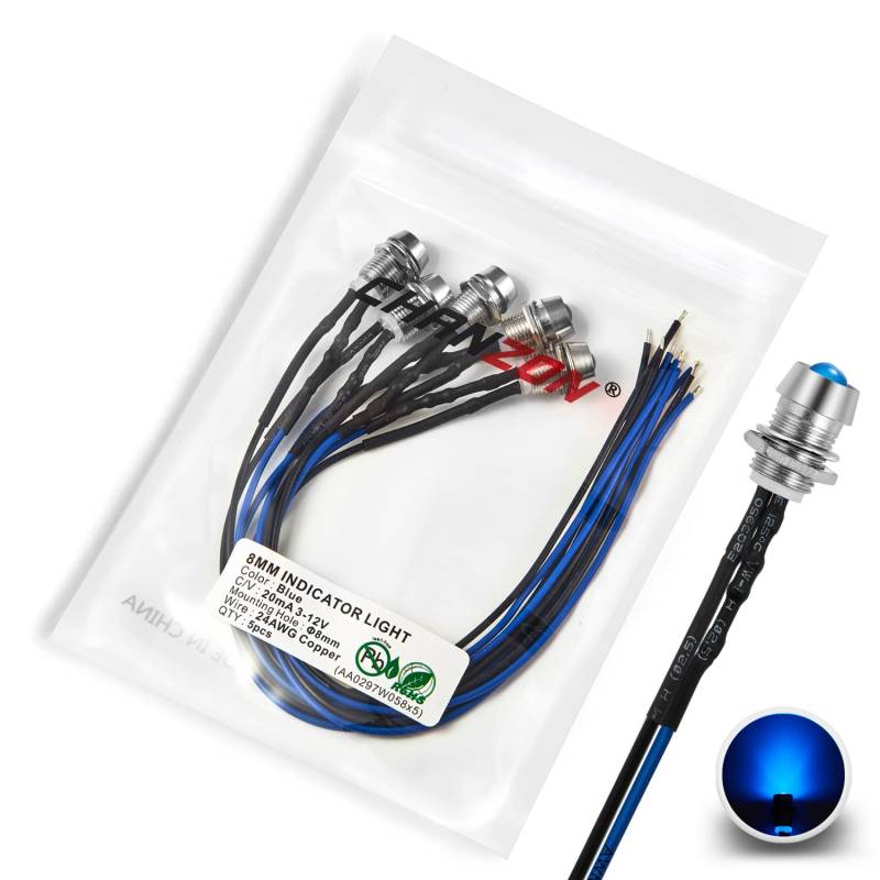 [UL-Kabel] Chanzon 5 Stück 8mm Panel Mount + 5mm LED Farbige blaue Pilotdiodenlicht (Diffuse Round Lens) 12V Universal Unterputzmontage Armaturenbrett Anzeigetafel Sockel von CHANZON