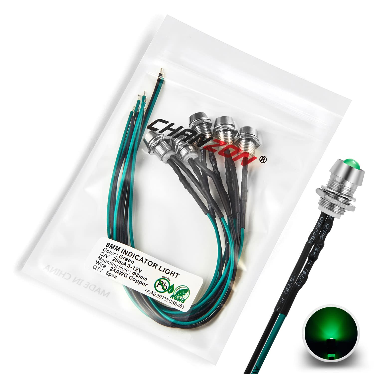 [UL-Kabel] Chanzon 5 Stück 8mm Panel Mount + 5mm LED Farbige grüne Pilotdiodenleuchte (Diffuse Round Lens) 12V Universal Unterputzmontage Armaturenbrett Anzeigetafel Sockel von CHANZON