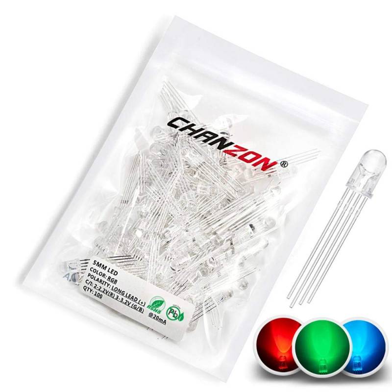 Chanzon 100 Stück 5mm RGB Multicolor LED Diodenlichter Gemeinsame Anode (Klar Rund Transparent 3 Farben) 4 Pin Helle Glühbirne Lampen Elektronische Komponenten Anzeige Leuchtdioden von CHANZON