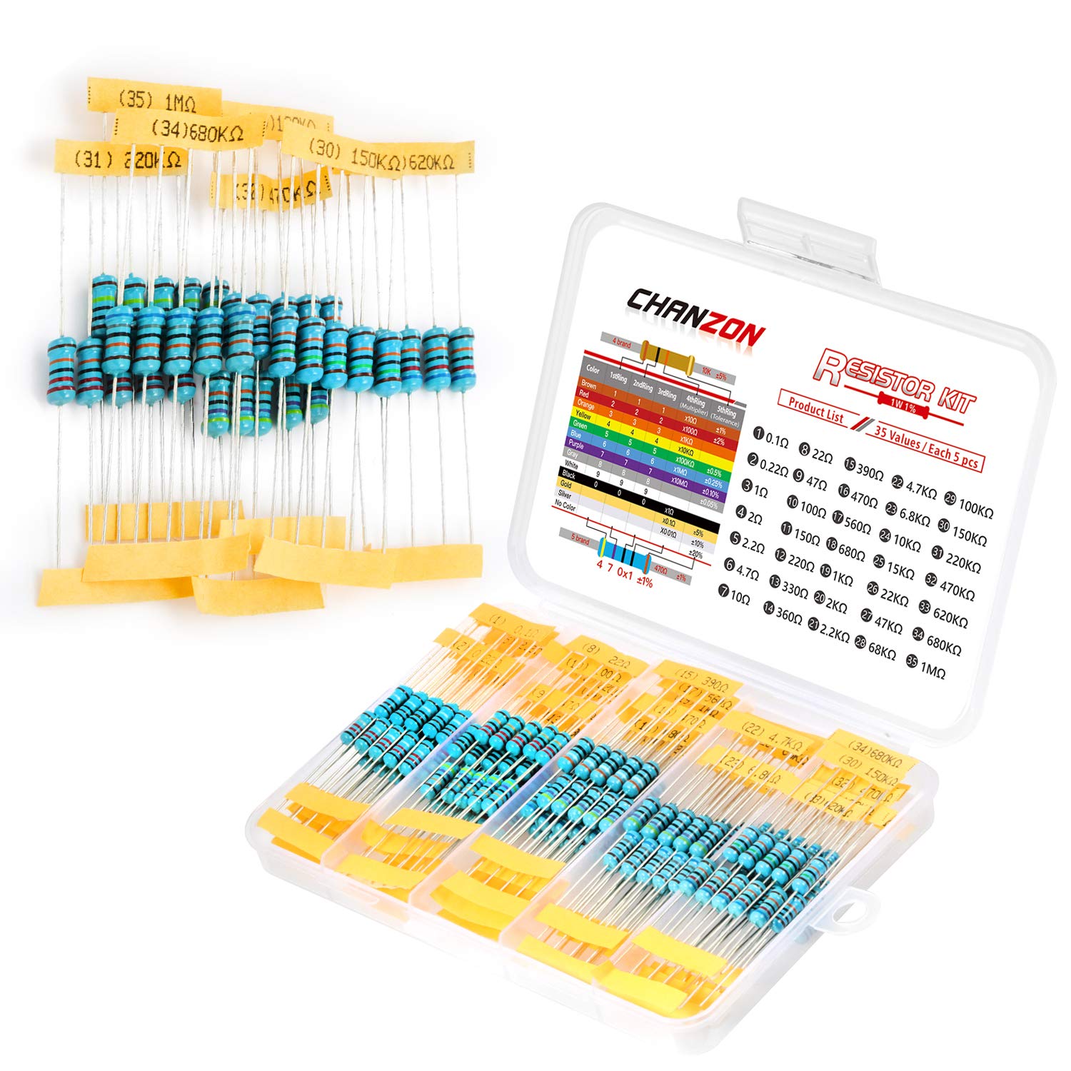 Chanzon 175pcs 0,1R-1MR Ω Ohm 35 Werte Metallfilm-Fest widerstands-Kit 1W ±1% Toleranz 0,01 MF Durchgangsbohrungs widerstände Sortiment Strombegrenzung Rohs-zertifiziert Resistor von CHANZON