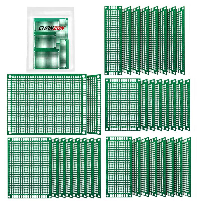 Chanzon 34-teilige doppelseitige Leiterplatte, verzinnt durch Löcher (5 Größen 2X8 3X7 4X6 5X7 7x9) Prototyp-Kit FR4 gedruckte Universal-Leiterplatte für DIY-Lötprojekte Kompatibel mit Arduino-Kits von CHANZON