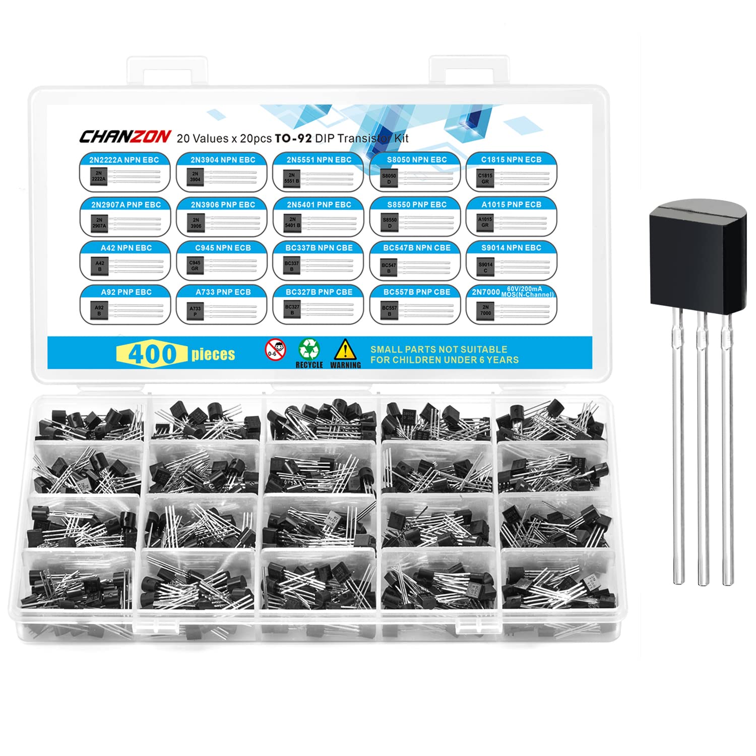 Chanzon 400 Stück Transistor TO-92 Kit mit 20 Werten (2N2222A 2N2907A 2N3904 2N3906 2N5551 2N5401 S8050 S8550 A1015 C1815 A42 A92 A733 C945 S9014 BC327B BC337B BC547B BC557B 2N7000) Je 20 Stück von CHANZON