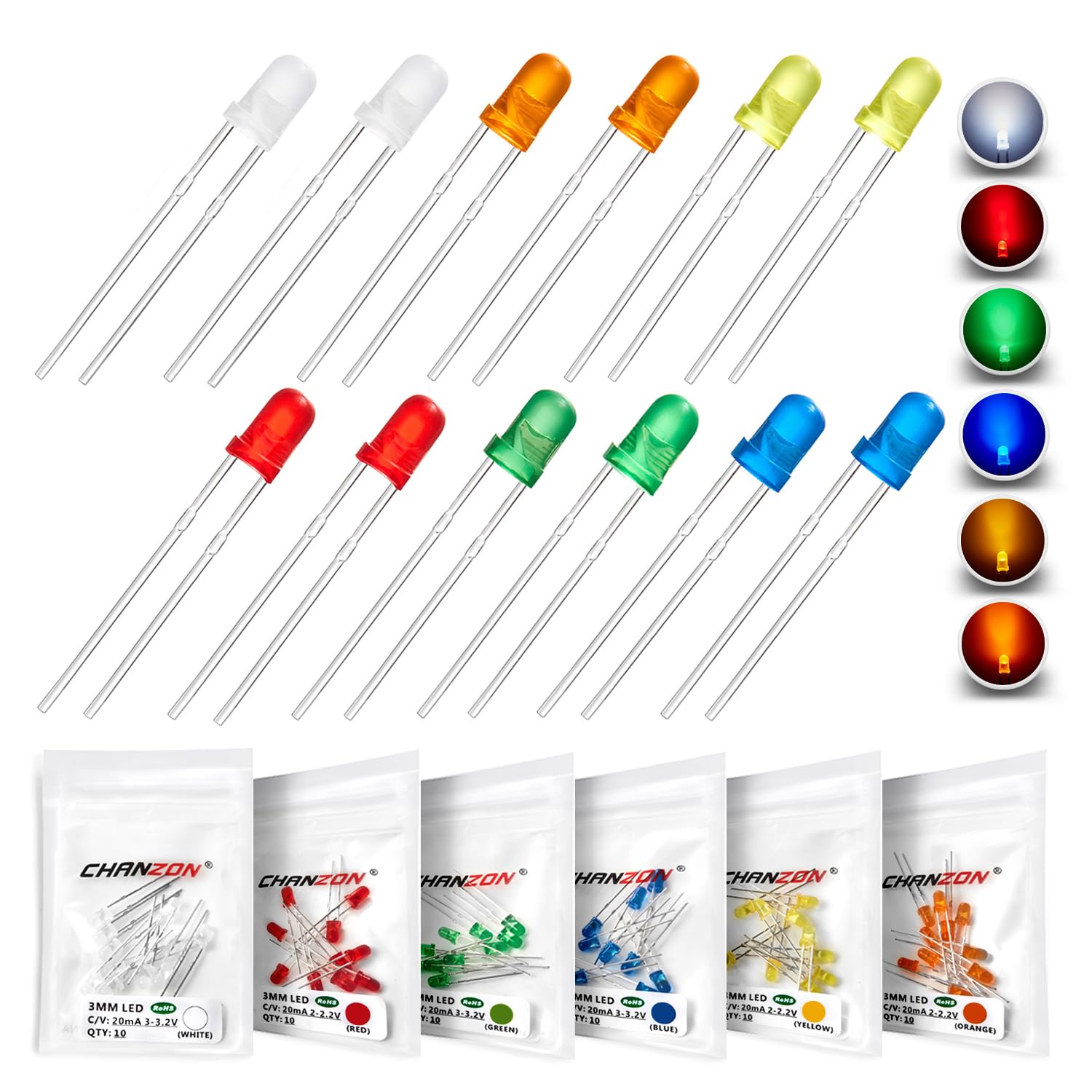 Chanzon 60 Stk. (6 Farben x 10 Stk.) 3mm LED Dioden leuchten Sortiment Set (Diffuse Round Lens DC 3V 20mA) Glühbirne Lampe multi-color Elektronikkomponenten Leuchtdioden Teile von CHANZON