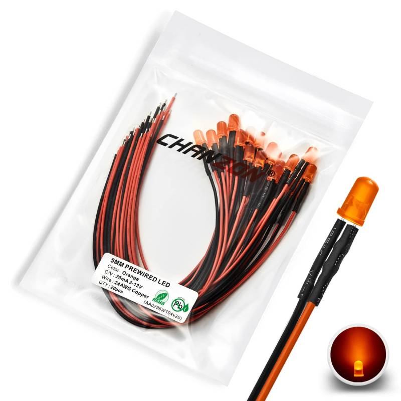 [UL-Kabel] Chanzon 20 Stück vorverdrahtete 5 mm orange Linse LED-Diodenlichter (Rund diffus mattierte Linse DC 12 V) mit 680 Ohm 1/4 W Widerstand und 24 AWG von CHANZON