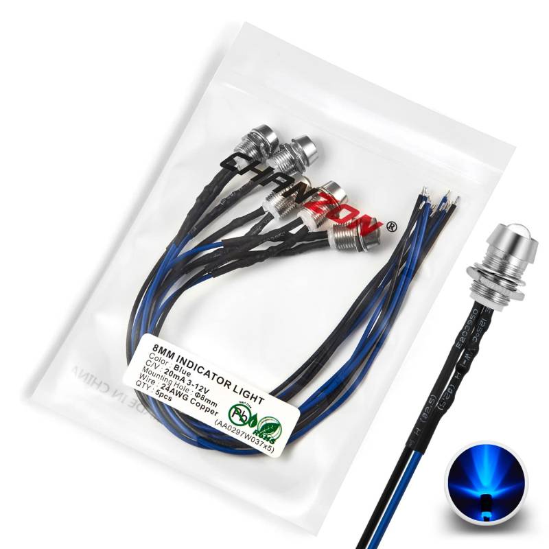 [UL-Kabel] Chanzon 5 Stück 8mm Panel Mount + 5mm LED Blue Pilot Diode Light (klare transparente runde Linse) 12V Universal Unterputz Armaturenbrett Anzeigetafel Sockel Lampen von CHANZON