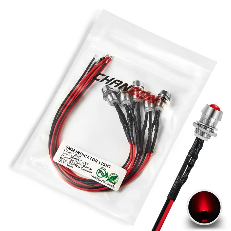 [UL-Kabel] Chanzon 5 Stück 8mm Panel Mount + 5mm LED Farbige rote Pilotdiodenlicht (Diffuse Round Lens) 12V Universal Unterputz Armaturenbrett Anzeigetafel Sockel Lampen Glühbirne von CHANZON