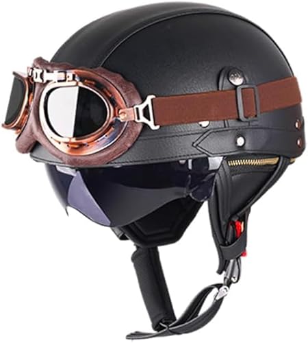 Retro Helm Motorradhelm Lederhelm Jethelme Vintage Mopedhelm Mit Brille ECE Zertifiziert Motorradkreuzer-Rollerhelm im Deutschen Stil (Eisenhaltig,L/59-60cm) von CHAO YANG