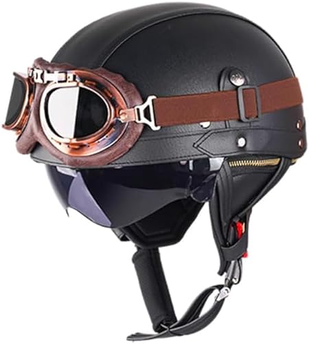 Retro Helm Motorradhelm Lederhelm Jethelme Vintage Mopedhelm Mit Brille ECE Zertifiziert Motorradkreuzer-Rollerhelm im Deutschen Stil (Eisenhaltig,L/59-60cm) von CHAO YANG