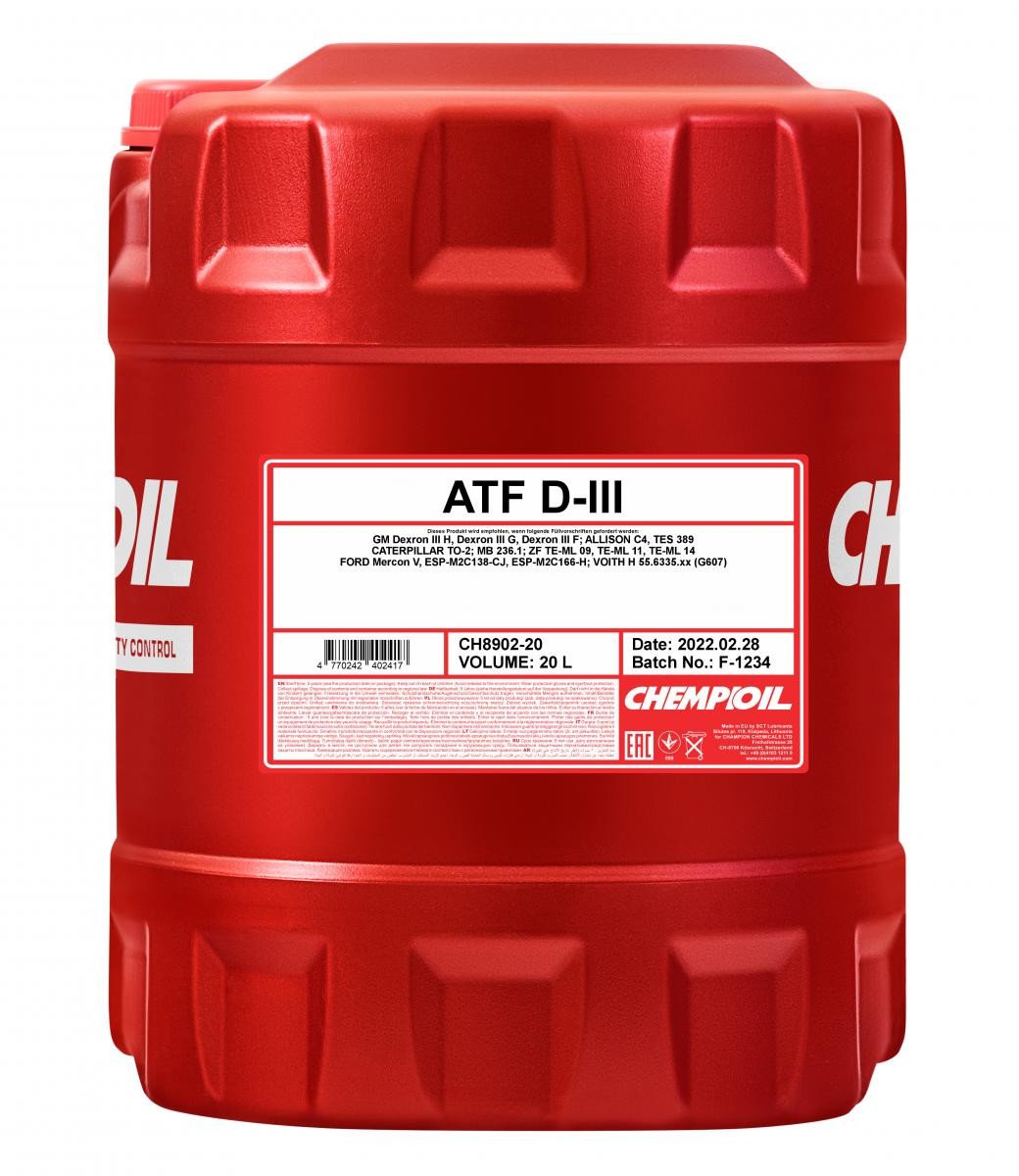 CHEMPIOIL Automatikgetriebeöl MERCEDES-BENZ,AUDI,FORD CH8902-20 DexronIIIG,M2C938A,MAN339Z2 DexronIIIH,M2C195A,M2C919E,M2C922A1,MAN339V2 von CHEMPIOIL