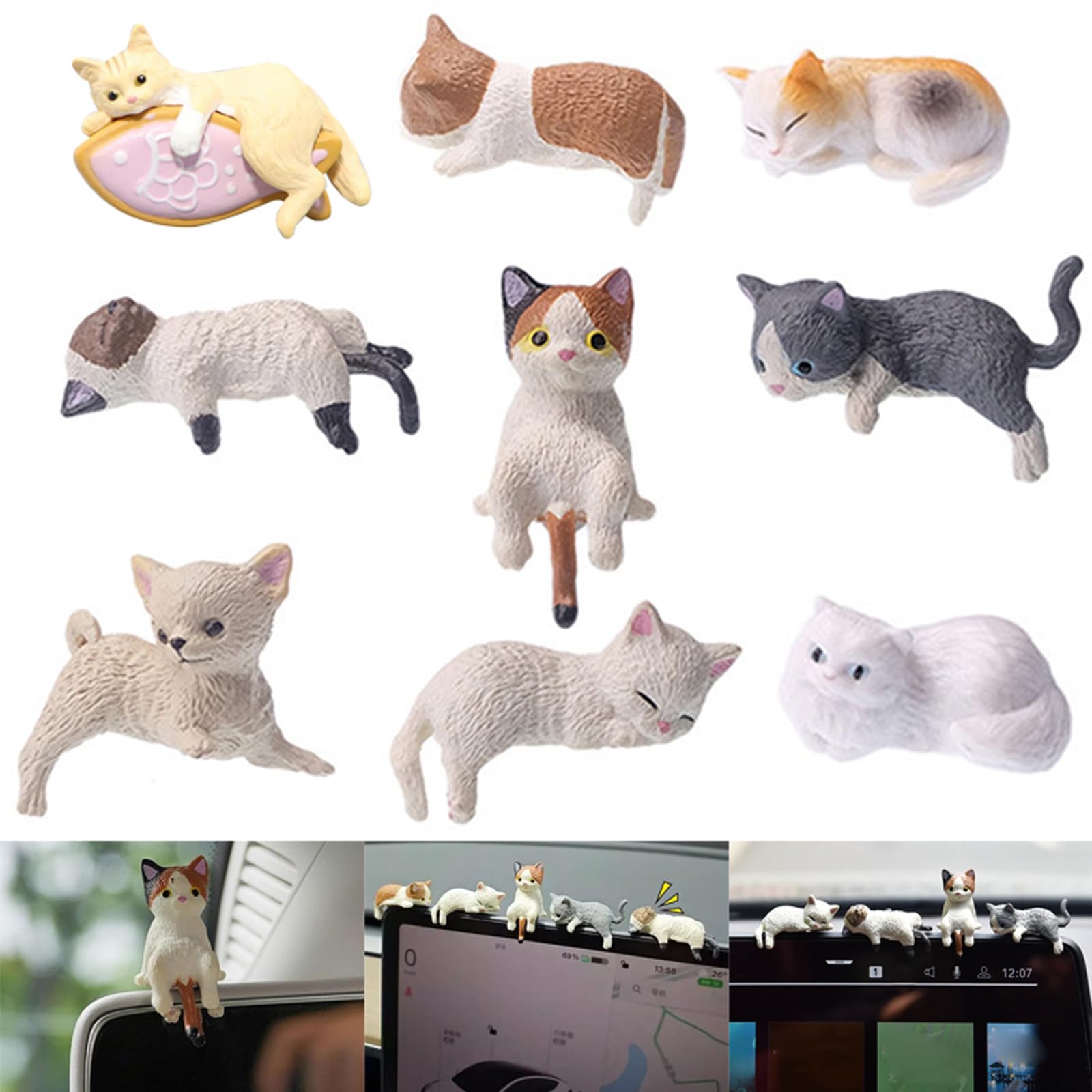 9 Stück Hand-painted Mini Cat Car Ornaments, Mini Katze Auto Ornament, Katzen Figuren Auto Rückspiegel Dekoration, Lustige Armaturenbrett Dekoration, Niedliche Katzenfiguren für DIY von CHENRI