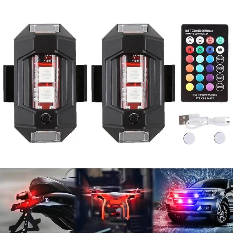 Wireless Led Strobe Lights with Remote, Drahtloses LED-Blitzlicht mit Fernsteuerung, 7 Farben Auto Fernbedienung Blitzlicht, Strobe Drone Light, Mini Blinklicht für Drohne Motorrad Fahrrad (2pcs) von CHENRI