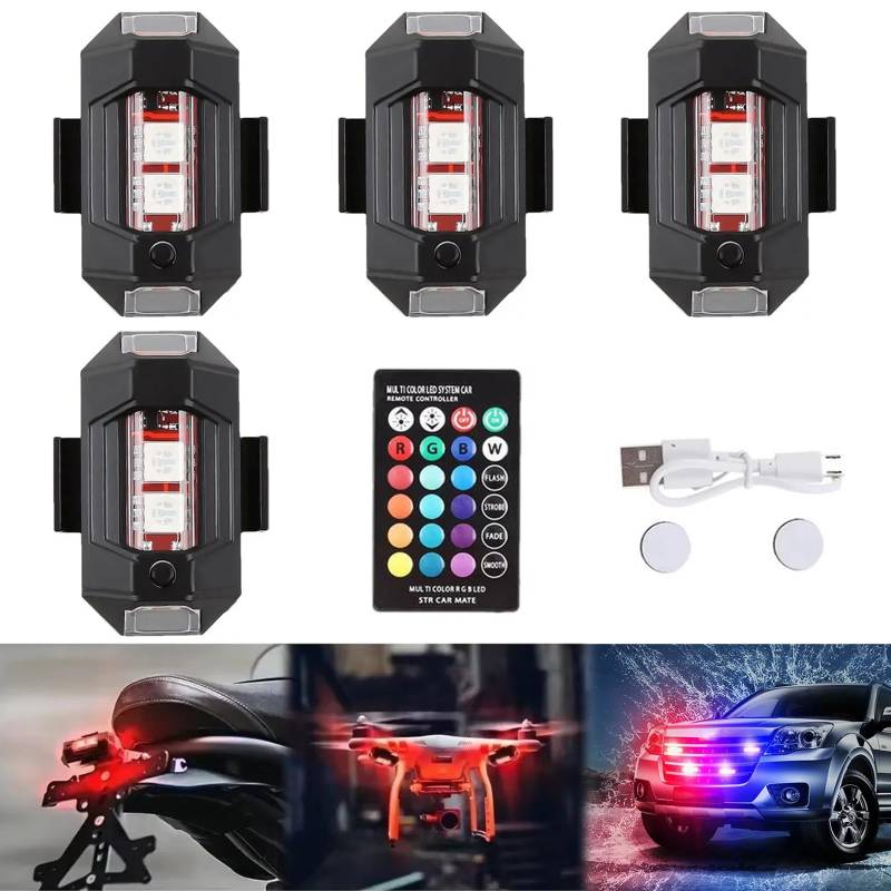 Wireless Led Strobe Lights with Remote, Drahtloses LED-Blitzlicht mit Fernsteuerung, 7 Farben Auto Fernbedienung Blitzlicht, Strobe Drone Light, Mini Blinklicht für Drohne Motorrad Fahrrad (4pcs) von CHENRI