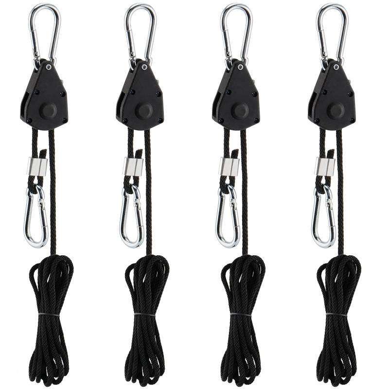 CHEUKYIU 4 Stück 4mm Rope Seilratsche mit Haken, 2,4m Seilzugratsche Seil Ratsche Rope Seilratsche Licht Ratchet Seil Aufhänger Rope Ratchet für Hängende Zelt Wachsen Pflanze Lampe, 150lb Kapazität von CHEUKYIU