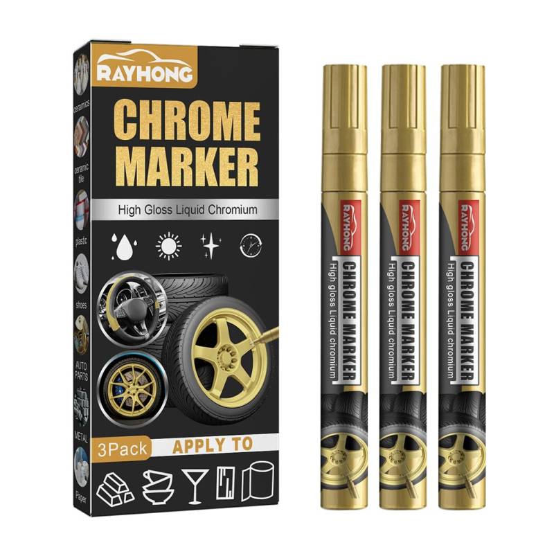 3 Stück Auto-Reparatur-Lackier Stift, Auto-Kratzer-Entferner-Lackstift Hochglanz-Flüssig-Chrom-Marker-Stift (Gold) von CHICIRIS