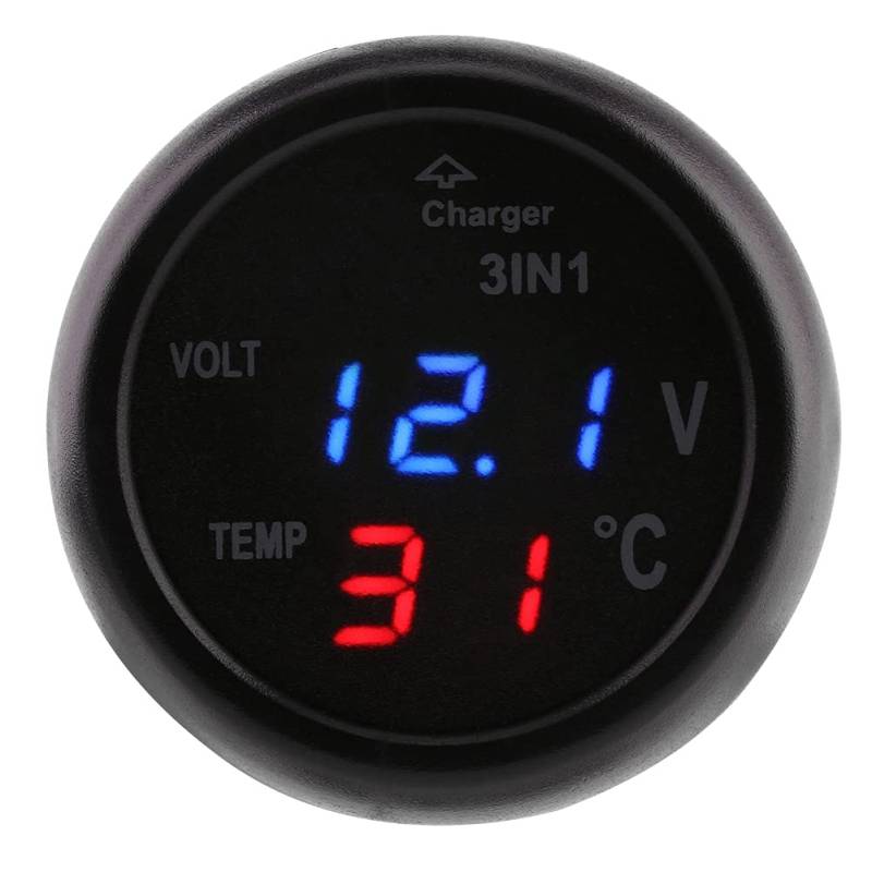 3-in-1-Autoladegerät-Adapter, Hochfestes Auto, Dual-LED-Digitalanzeige, Voltmeter, Thermometer, Zigarettenanzünder, USB-Autoladegerät für Autozubehör (Blau Rot) von CHICIRIS