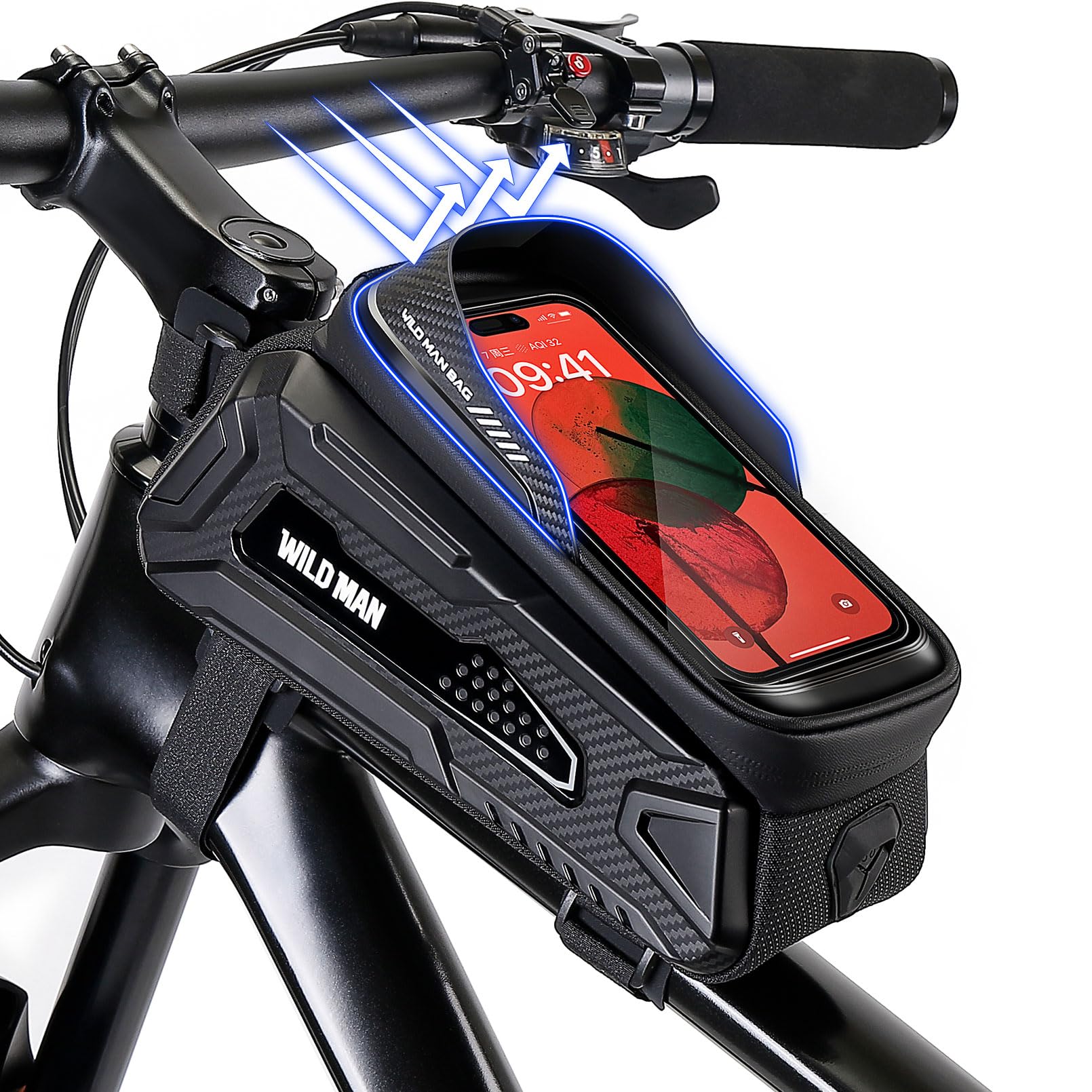 CHICLEW Fahrradtasche Rahmen Wasserdicht, Mecha-Style Fahrrad Rahmentasche Lenkertasche mit Sonnenblende, Eva Stabiler Handytasche Fahrrad mit 0.25mm Touchscreen für Smartphones unter 6.8 Zoll von CHICLEW