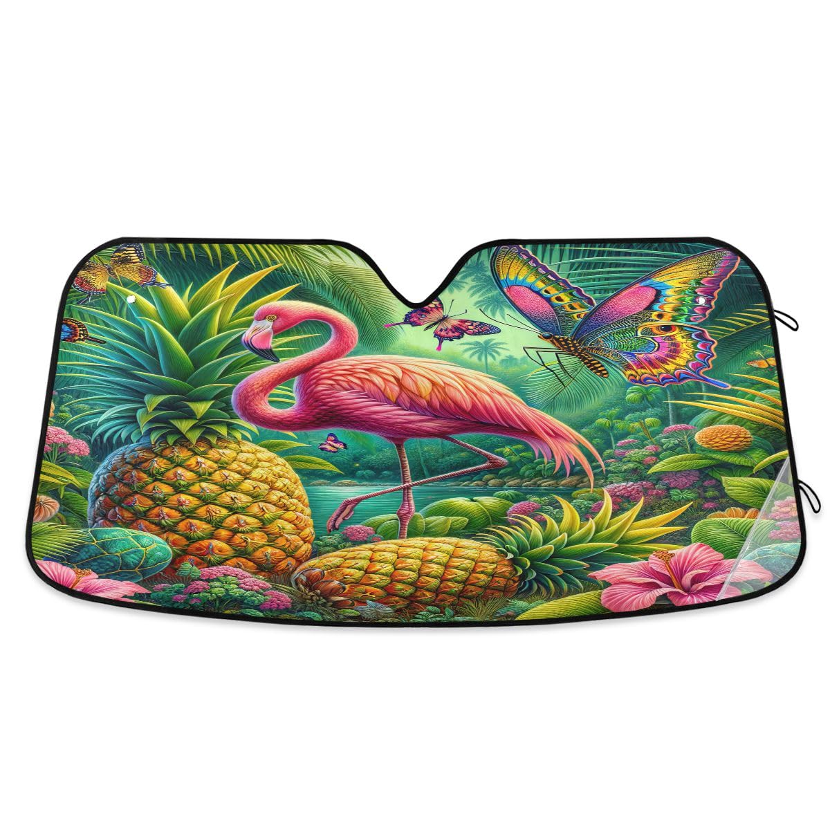 Auto-Sonnenblende für Frontfenster, blockiert UV-Strahlen, tropischer Flamingo, Ananas, Schmetterling, Sonnenblende, faltbar, Auto-Windschutzscheibenabdeckung für Auto, LKW, SUV, 140 x 70 cm von CHIFIGNO