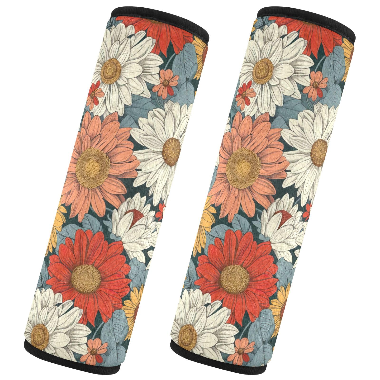 CHIFIGNO 2 Stück Retro Blumen Gänseblümchen Sicherheitsgurtbezüge Weich Auto Sicherheitsgurt Pads Autositz Schultergurt Pads für Autotasche von CHIFIGNO