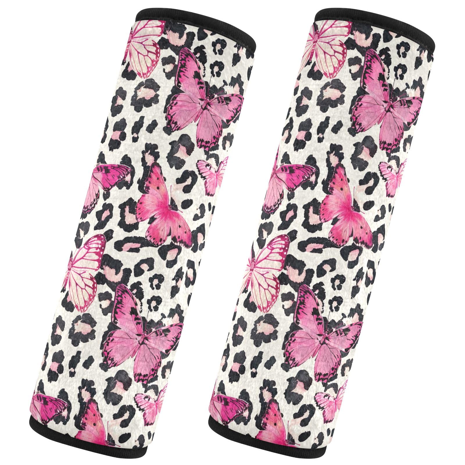 CHIFIGNO 2 Stück Rosa Schmetterlinge Leopard Sicherheitsgurtbezug Universal Auto Sitzgurt Abdeckungen Schultergurt Pad für Erwachsene und Kinder von CHIFIGNO