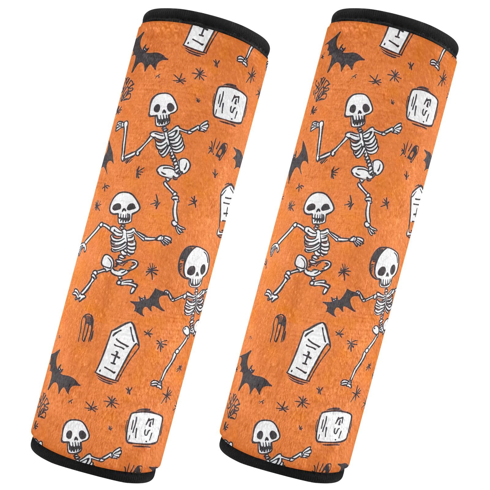 CHIFIGNO 2 Stück Sicherheitsgurtabdeckung Halloween Cartoon Skelette auf Orange Schulter Sicherheitsgurtpolster Niedliche Schulterpolster Auto Innenraum Zubehör für Erwachsene und Kinder von CHIFIGNO