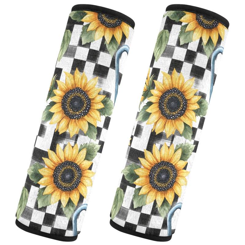 CHIFIGNO 2 Stück Vintage Sonnenblume Schwarz Weiß Plaid Sicherheitsgurtbezug Weich Sicherheitsgurtkissen Schultergurt Bezüge für Erwachsene Kinder Frauen Männer von CHIFIGNO