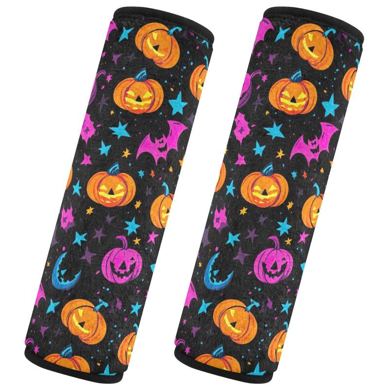 CHIFIGNO 2 x Sicherheitsgurt-Bezüge, Halloween, orangefarbene Kürbisse, rosa Fledermäuse, Auto-Sicherheitsgurtpolster, weiche Autositz-Schultergurt-Pads schützen Hals und Schultern von CHIFIGNO