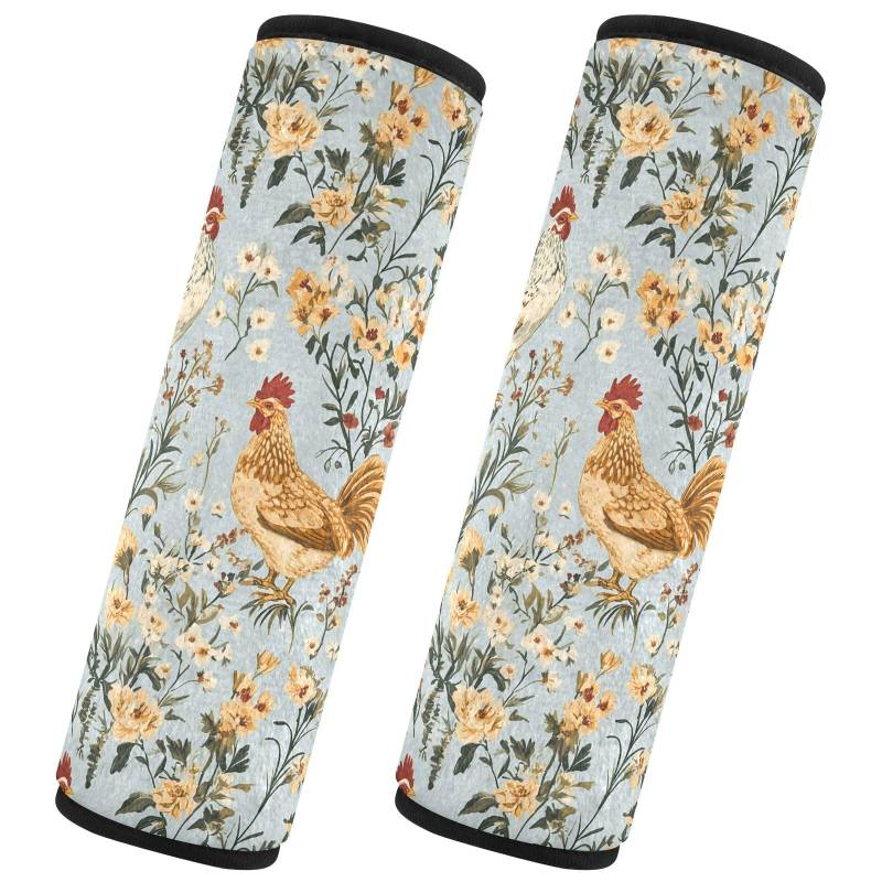 CHIFIGNO Auto-Sicherheitsgurt-Bezüge im Vintage-Stil mit Huhn-Blumenmuster, 2 Stück, modische Gurtpolster, Schulterpolster für Autotasche von CHIFIGNO