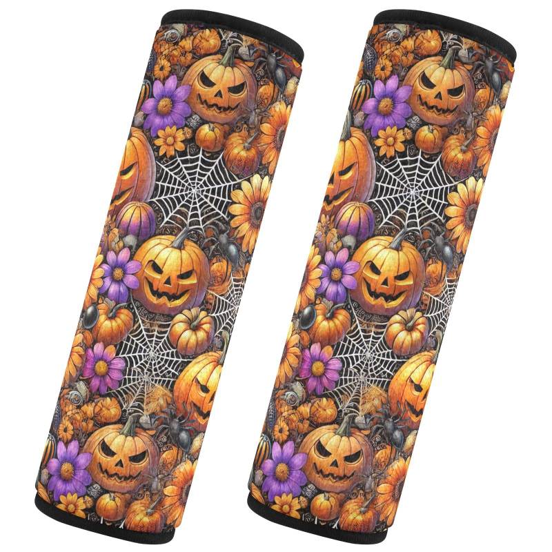 CHIFIGNO Halloween Kürbisse Schädel Blumen Sicherheitsgurt Abdeckung Pad 2 Stück Bequem Sicherheitsgurt Kissen Sicherheitsgurt Schulterpolster für Mädchen Jungen Erwachsene von CHIFIGNO