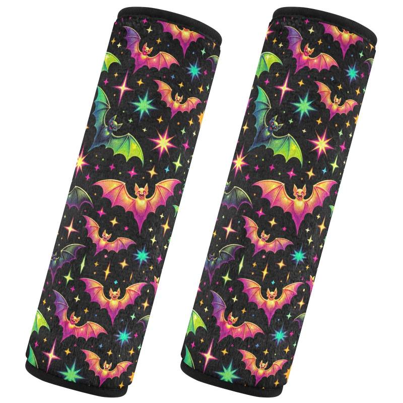 CHIFIGNO Halloween Neon Stars Fledermäuse Sicherheitsgurt-Abdeckung Pad Mode Sicherheitsgurtpolster 2 Stück Autositz Schultergurt Pads für Erwachsene Kinder Frauen Männer von CHIFIGNO