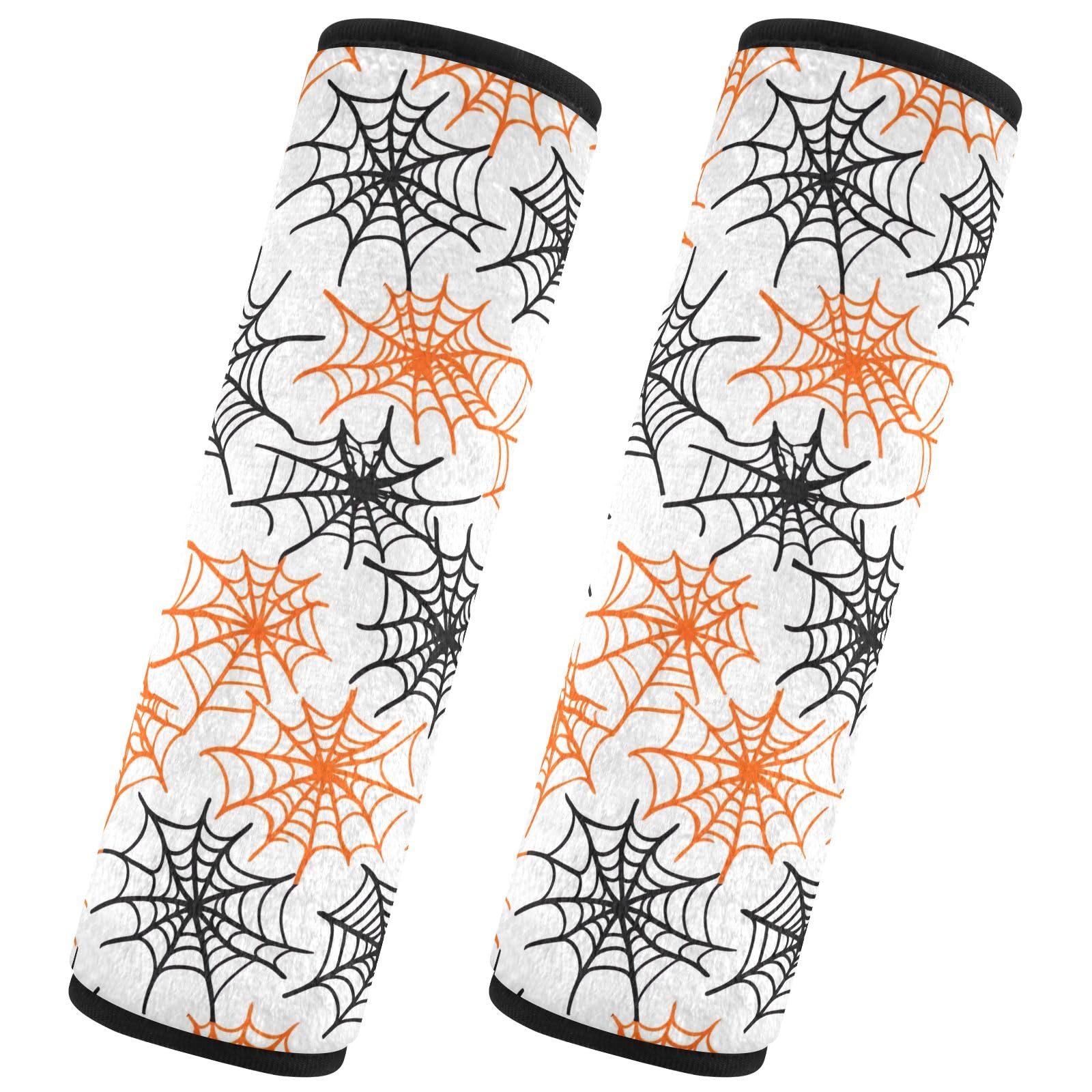 CHIFIGNO Halloween Orange Schwarz Spinnennetze Sicherheitsgurtabdeckung Pad 2 Stück Auto Sicherheitsgurt Abdeckung Mode Schultergurt Abdeckungen für Erwachsene Frauen Kinder von CHIFIGNO