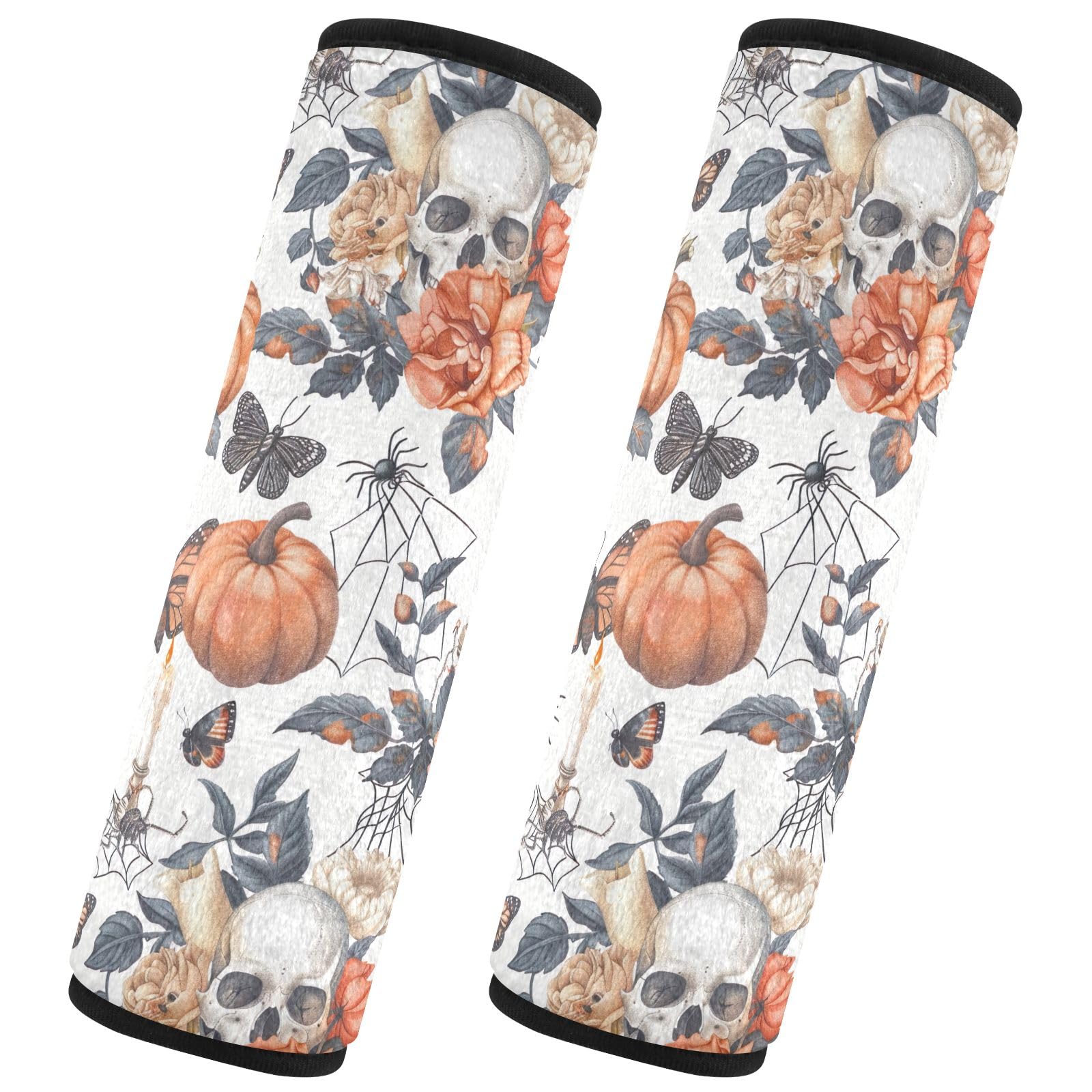 CHIFIGNO Halloween Schädel Vintage Blumen Schmetterlinge Auto Sicherheitsgurtbezüge 2 Stück Auto Sitzgurte Abdeckung Universal Schultergurt Kissen für Erwachsene Frauen Kinder von CHIFIGNO