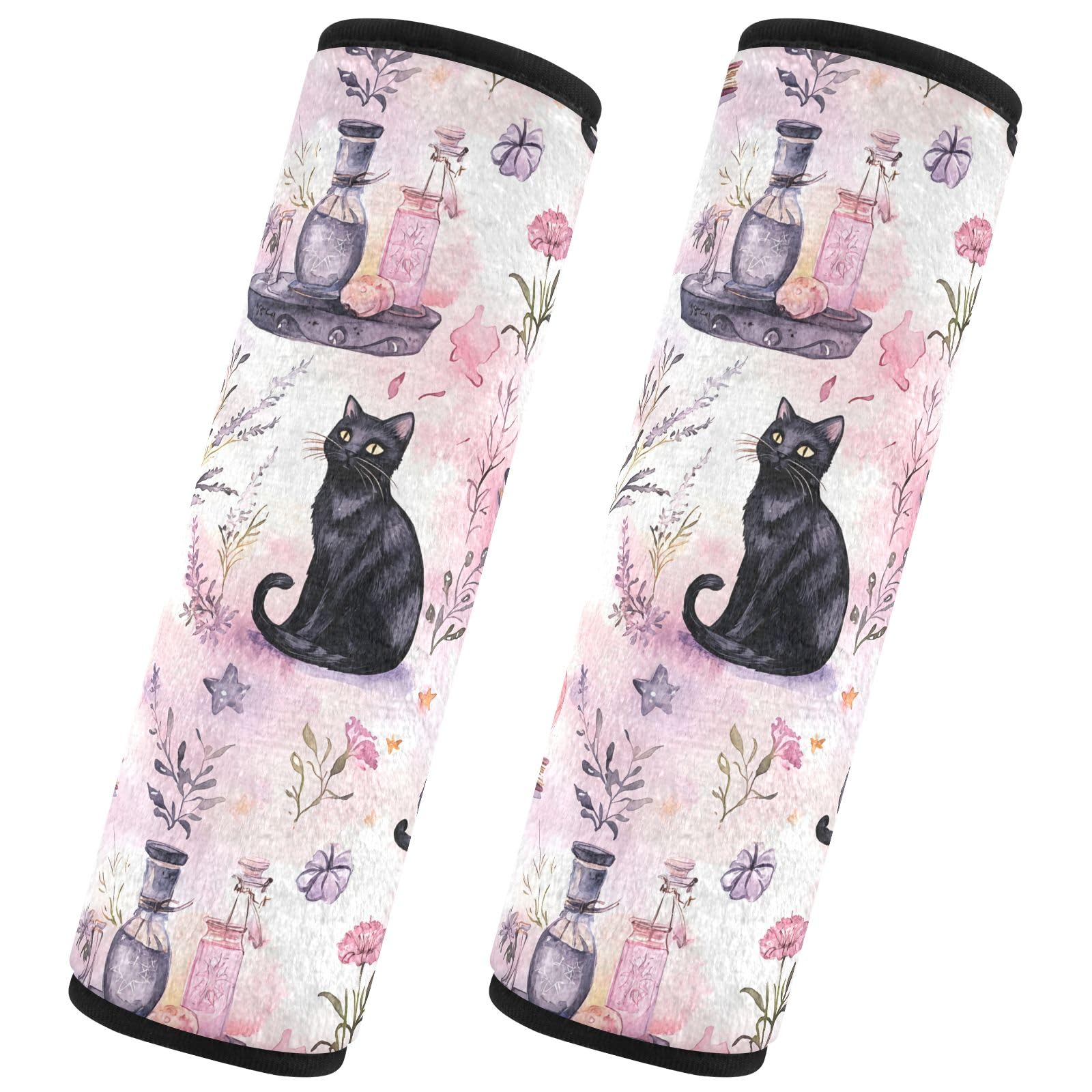 CHIFIGNO Sicherheitsgurt-Abdeckung, universelle Schulterpolster für Erwachsene, Kinder, Damen, Herren, Aquarellfarben, schwarze Katzen, violette Blumen, 2 Stück von CHIFIGNO