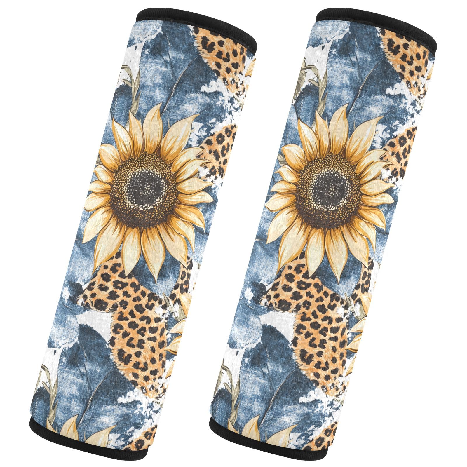 CHIFIGNO Vintage Sonnenblume Leopard Print Sicherheitsgurt Abdeckung Pad Universal Sicherheitsgurtpolster 2 Stück Schultergurt Kissen Schützen Sie Ihren Hals und Schulter von CHIFIGNO