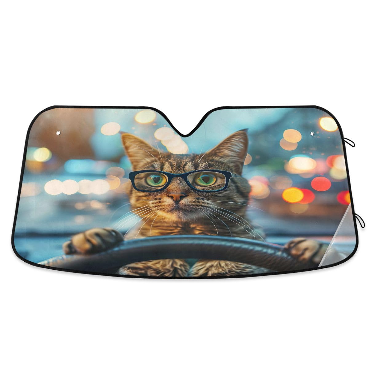 Lustige Katze mit Brille, Auto-Sonnenschutz für Frontfenster, zusammenklappbar, Sonnenschutz, hält Ihr Fahrzeug kühl, blockiert UV-Strahlen, lustiges Autozubehör, 134,6 x 59,7 cm von CHIFIGNO