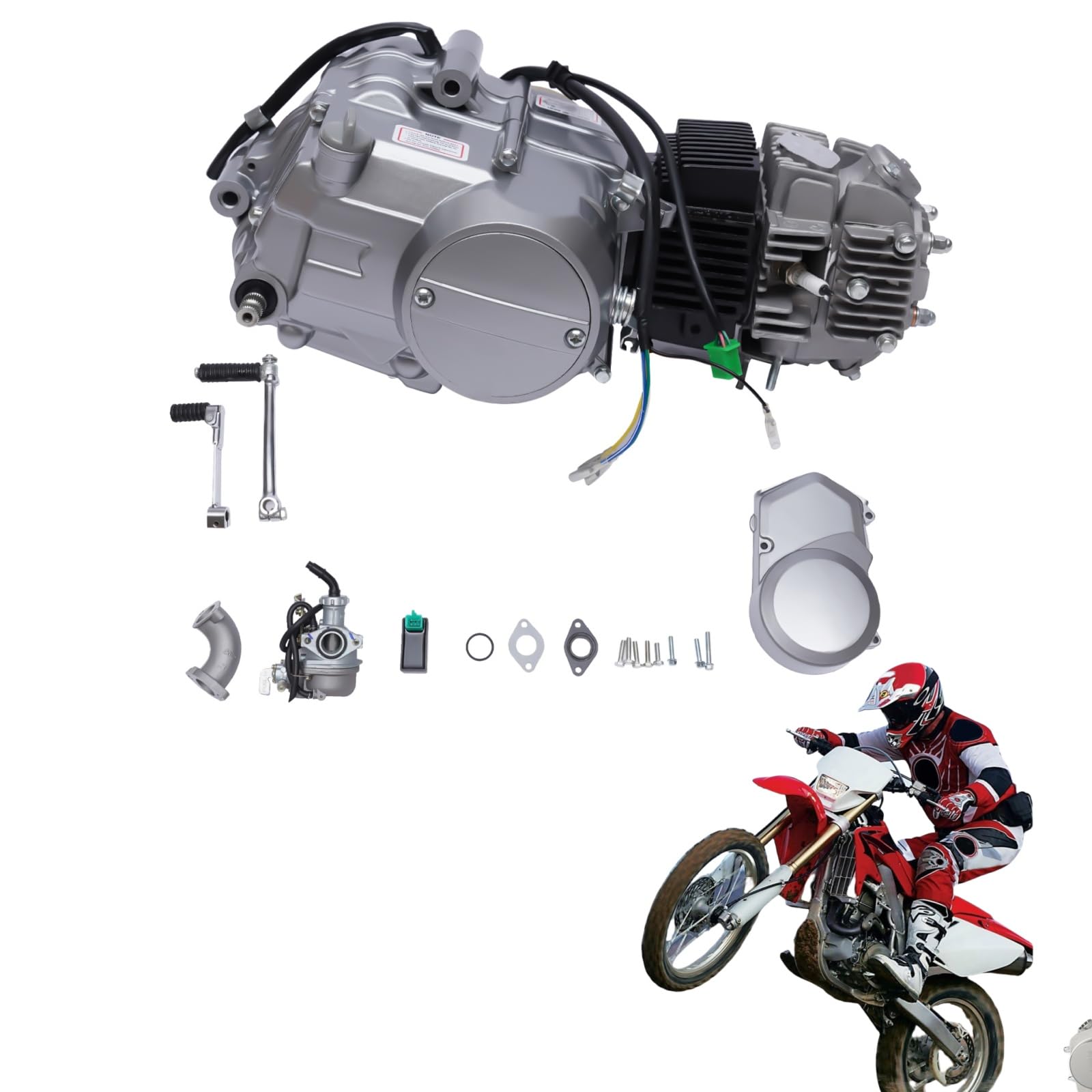 125ccm Motor Dirt Bike Pitbike Cross 4-Takt Engine Motor, 4 Gang 1-N-2-3-4 Niedriger Kraftstoffverbrauch Motor mit Pedalstart, Air-cooled Engine Motor für Dirt Bike Motorcycle CRF50 XR50 CRF70 von CHIMHOON