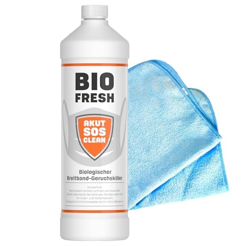 Akut SOS Clean BIO FRESH Biologischer Breitband-Geruchskiller 1L Bekämpft biologisch alle Arten von organischen Gerüchen wie Tierurin, Fäkalien, Müll Gratis CHIMP TOOLS Mikrofasertuch von CHIMP TOOLS PREMIUM CAR CARE PRODUCTS