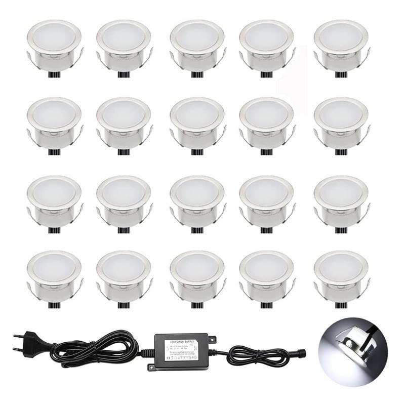 CHNXU 20er Set LED Einbaustrahler Kaltes Weiß Bodeneinbaustrahler 12V Ø30mm Deckenspots 0,6W 9LM Terrassenbeleuchtung Außen IP67 Wasserdichte LED Bodenleuchten Treppen Beleuchtung von CHNXU