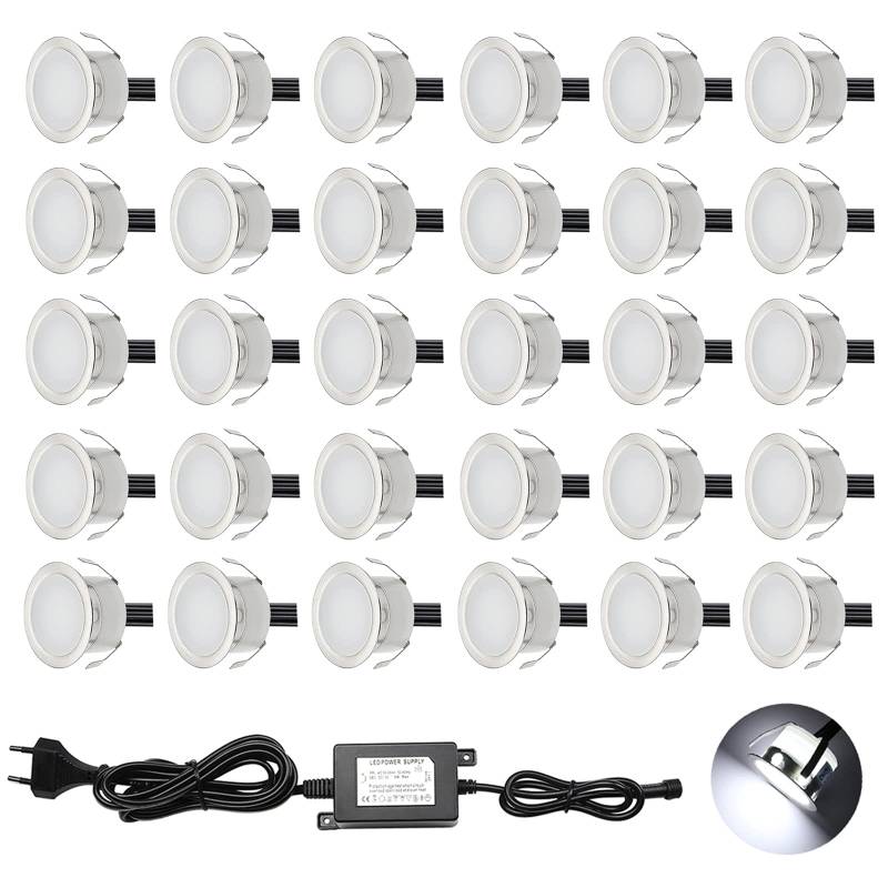 CHNXU 30er Set LED Einbaustrahler Kaltes Weiß Bodeneinbaustrahler 12V Ø30mm Deckenspots 0,6W 9LM Terrassenbeleuchtung Außen IP67 Wasserdichte LED Bodenleuchten Treppen Beleuchtung von CHNXU