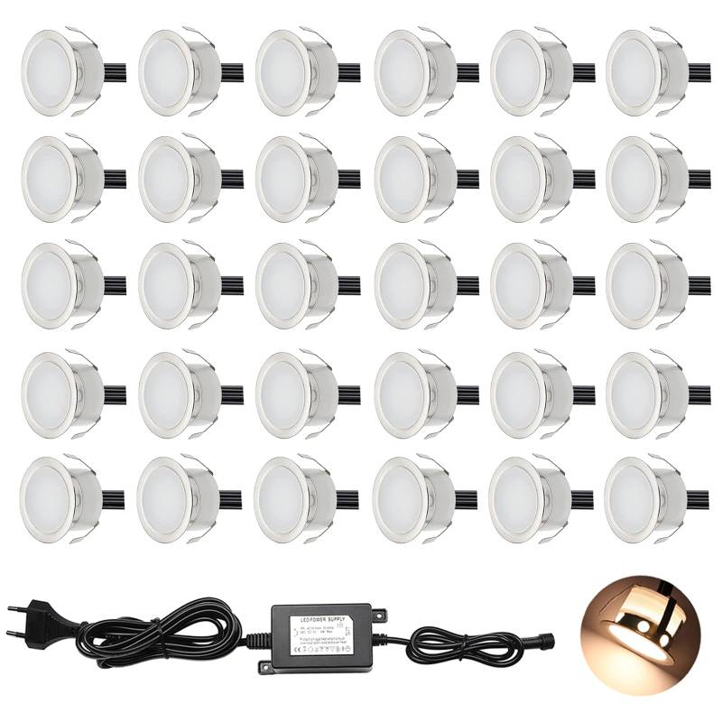 CHNXU 30er Set LED Einbaustrahler Warmes Weiß Bodeneinbaustrahler 12V Ø30mm Deckenspots 0,6W 9LM Terrassenbeleuchtung Außen IP67 Wasserdichte LED Bodenleuchten Treppen Beleuchtung von CHNXU