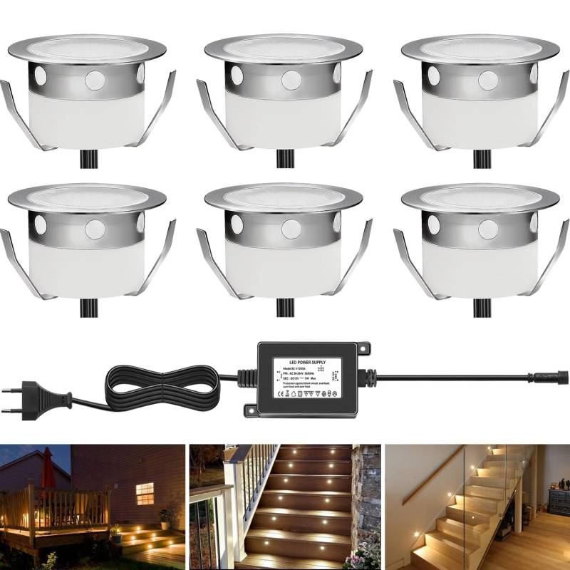 CHNXU 6er Set LED Einbaustrahler Warmes Weiß Bodeneinbaustrahler 12V Ø30mm Deckenspots 0,6W 9LM Terrassenbeleuchtung Außen IP67 Wasserdichte LED Bodenleuchten Treppen Beleuchtung von CHNXU