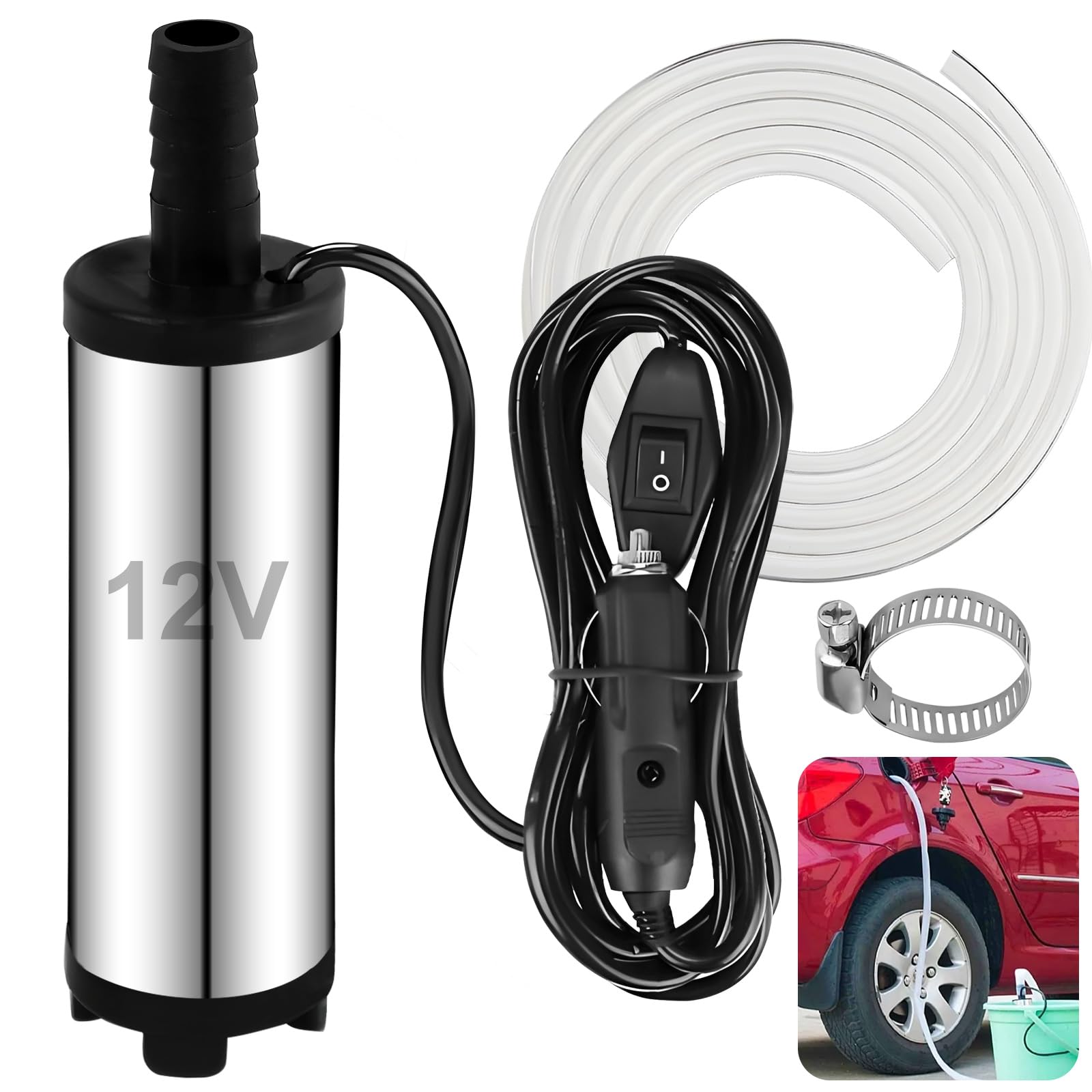 Edelstahl Wasserpumpe 12v 38mm, Dieselpumpe mit Zigarettenanzünder, Herausnehmbarem Filter, 3m Kabel + PVC Transparenter Schlauch，für Auto Diesel Öl Heizöl Wasser von CHRI